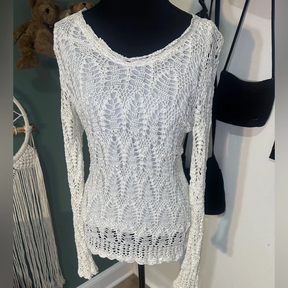 Emma & James Cream Crochet Knit Boho Sweater Top Medium